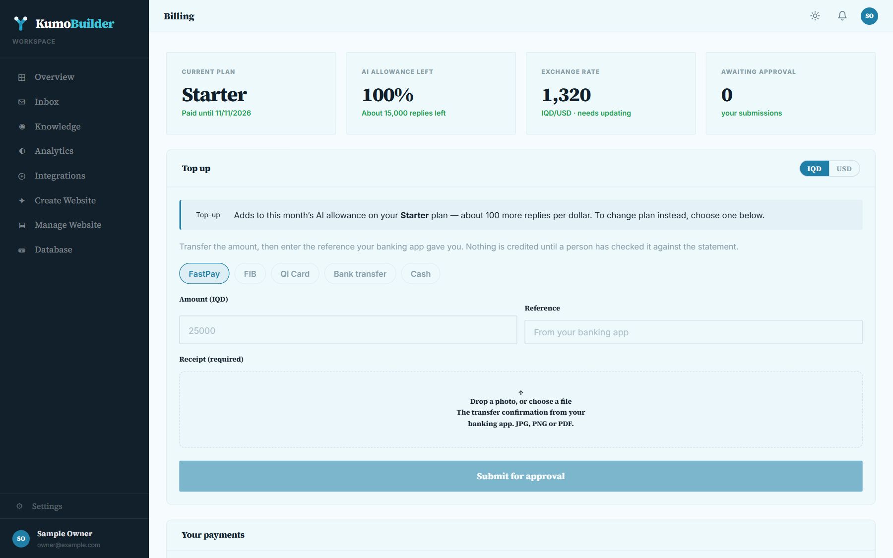 Billing: current plan, AI allowance left and the payment form