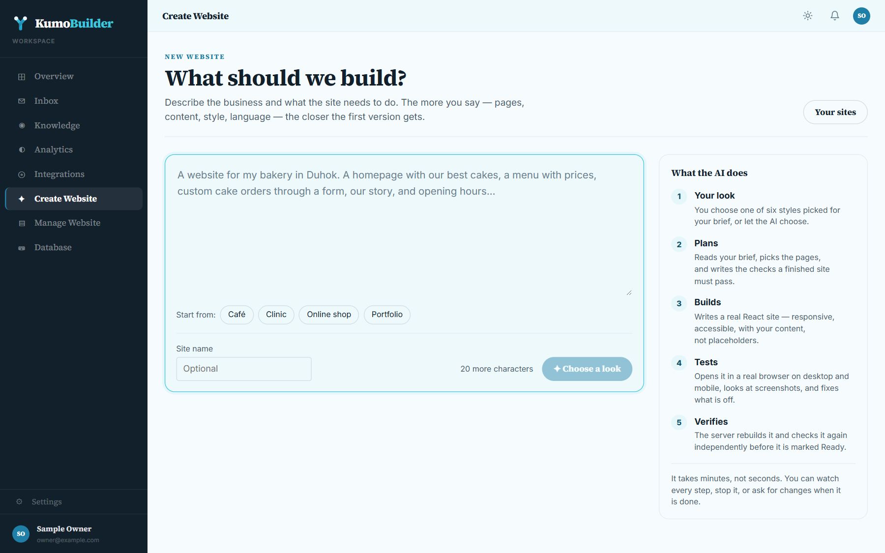 Create Website: the brief box and the five steps the AI takes