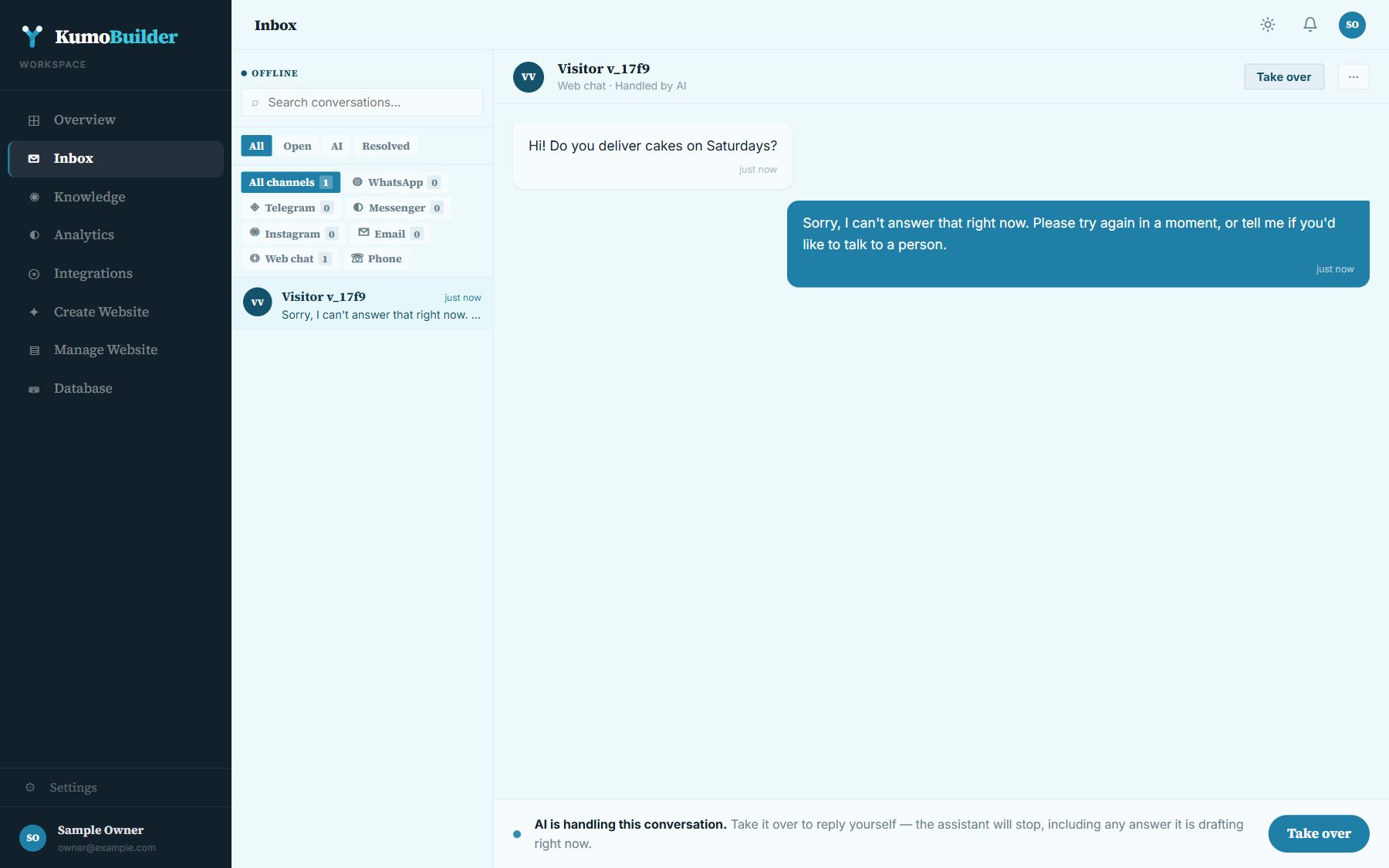 The inbox with a web chat conversation open