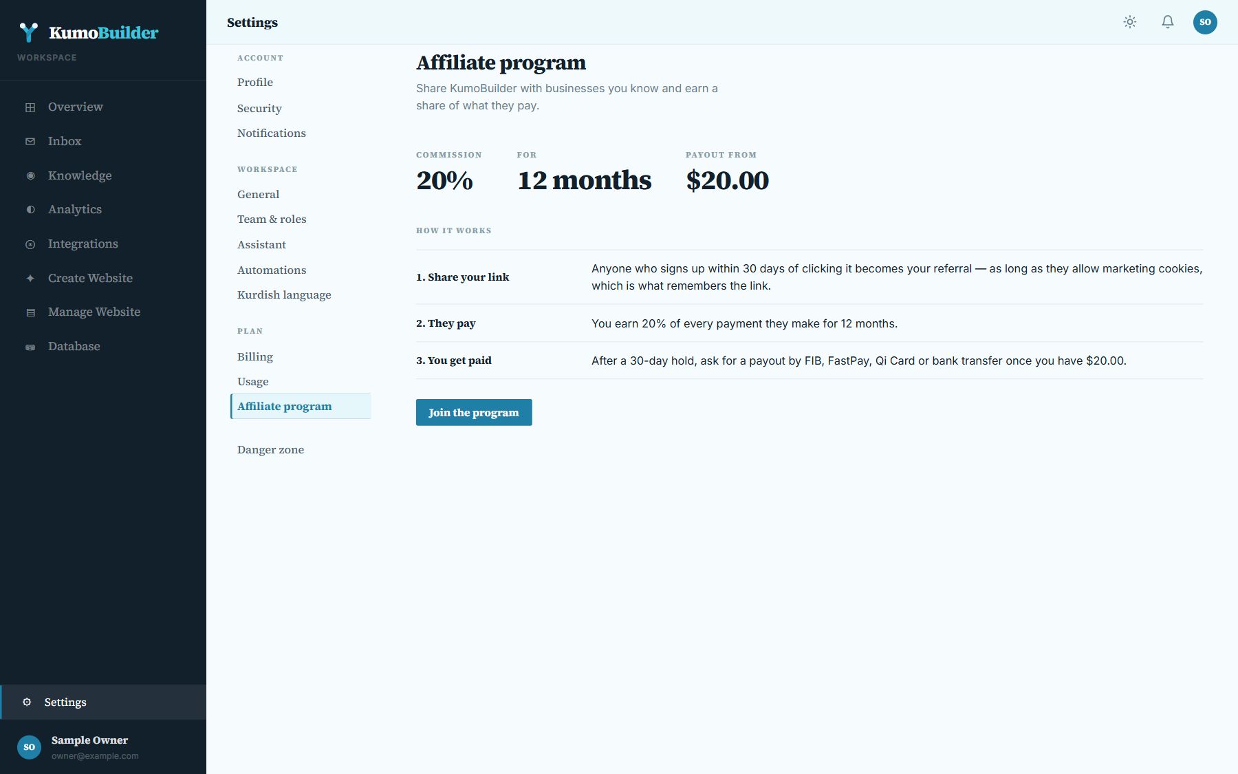Settings, Affiliate program: commission, period and payout threshold