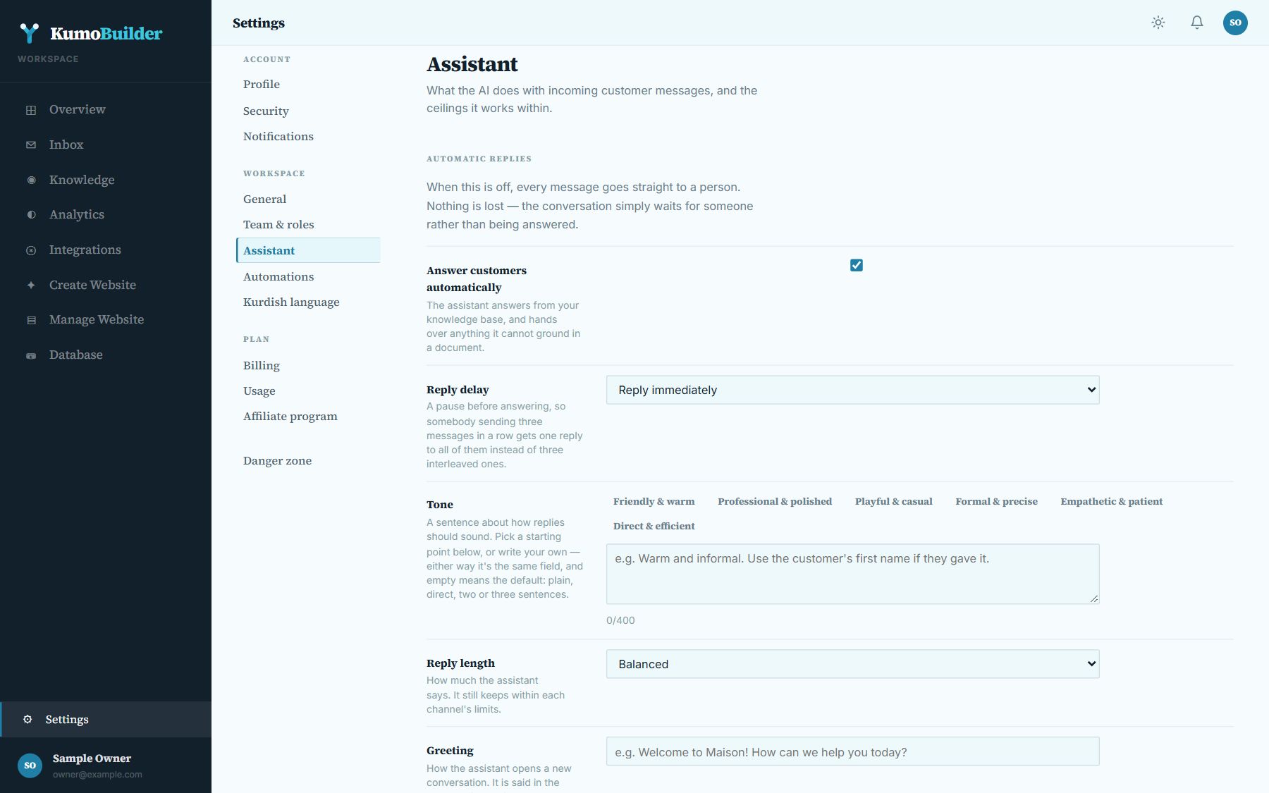 Settings, Assistant: automatic replies, delay, tone and length