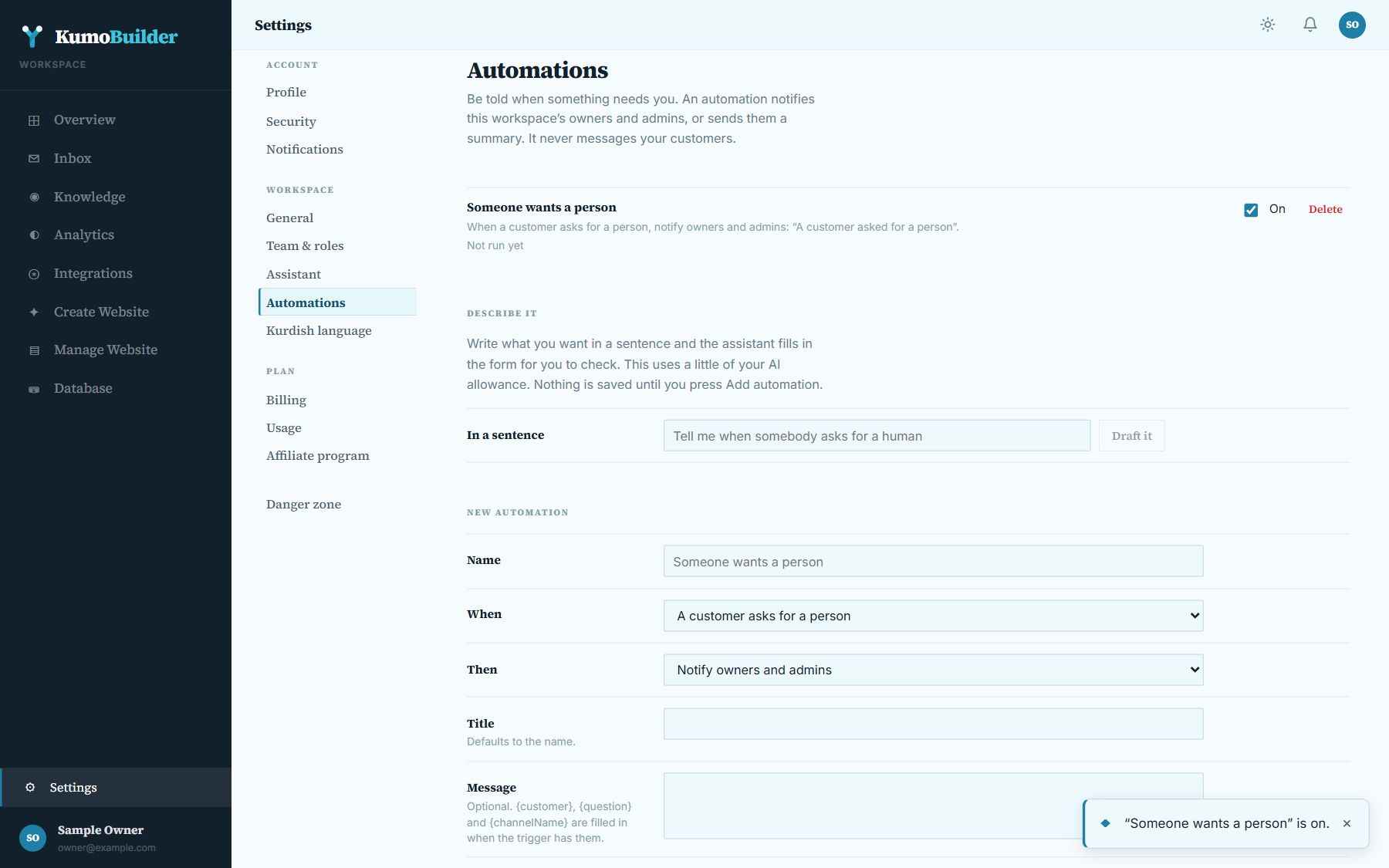 Settings, Automations: an automation that notifies owners when a customer asks for a person