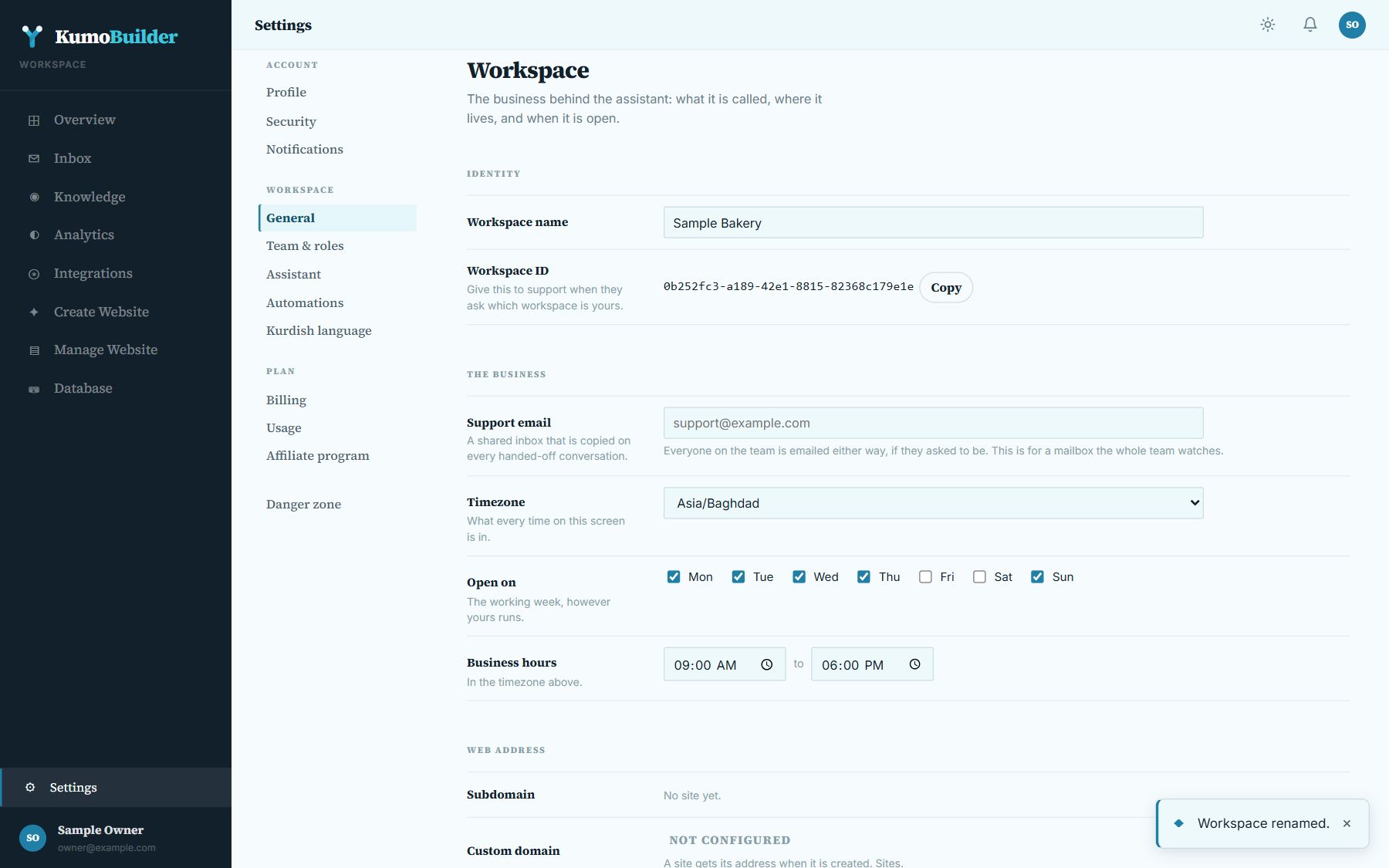 Settings, General: the workspace name and business details