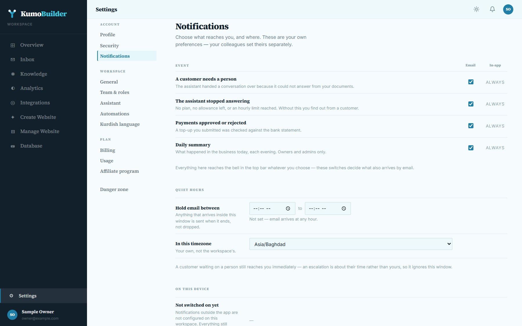 Settings, Notifications: which emails you receive