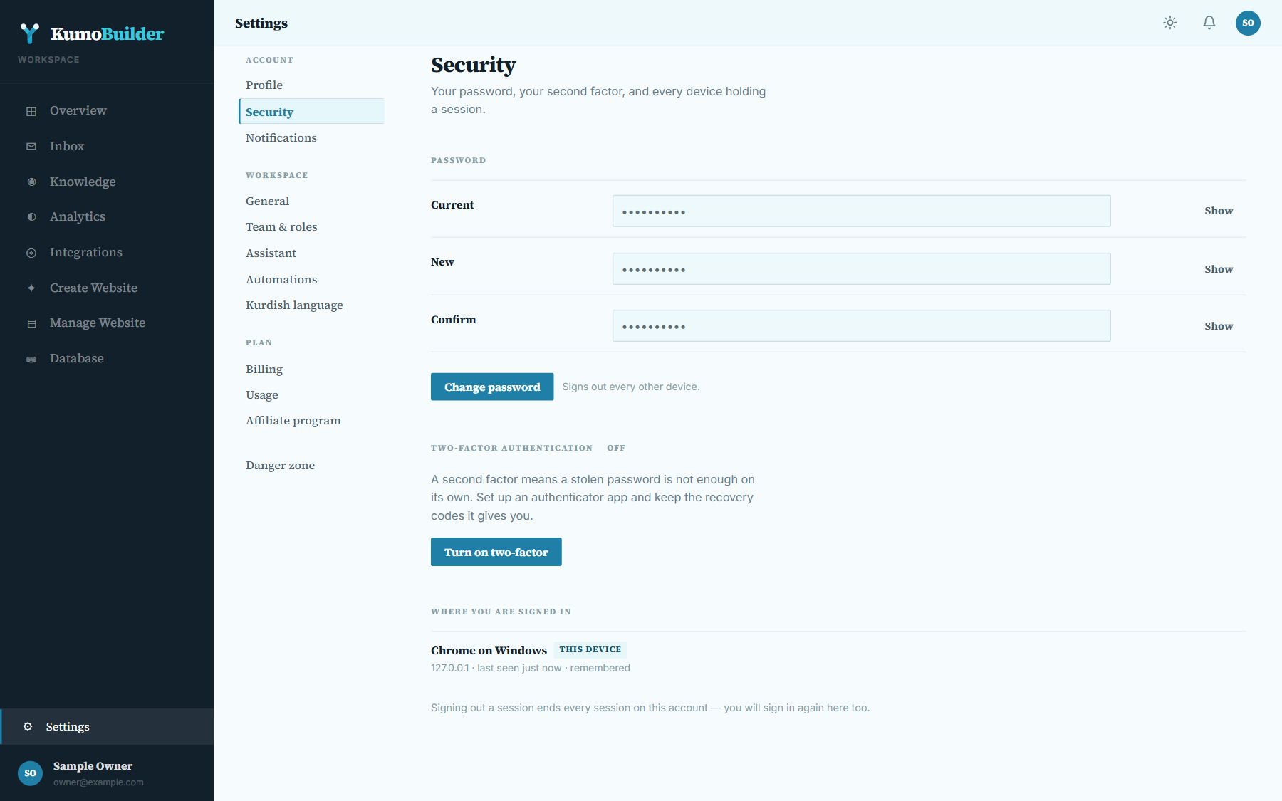 Settings, Security: password, two-factor and signed-in devices
