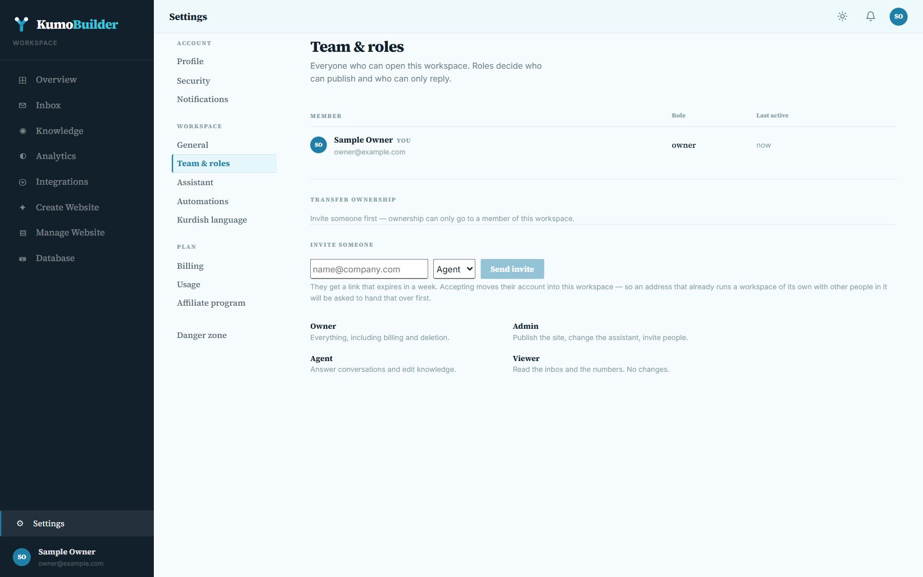 Settings, Team & roles: members, invites and what each role can do