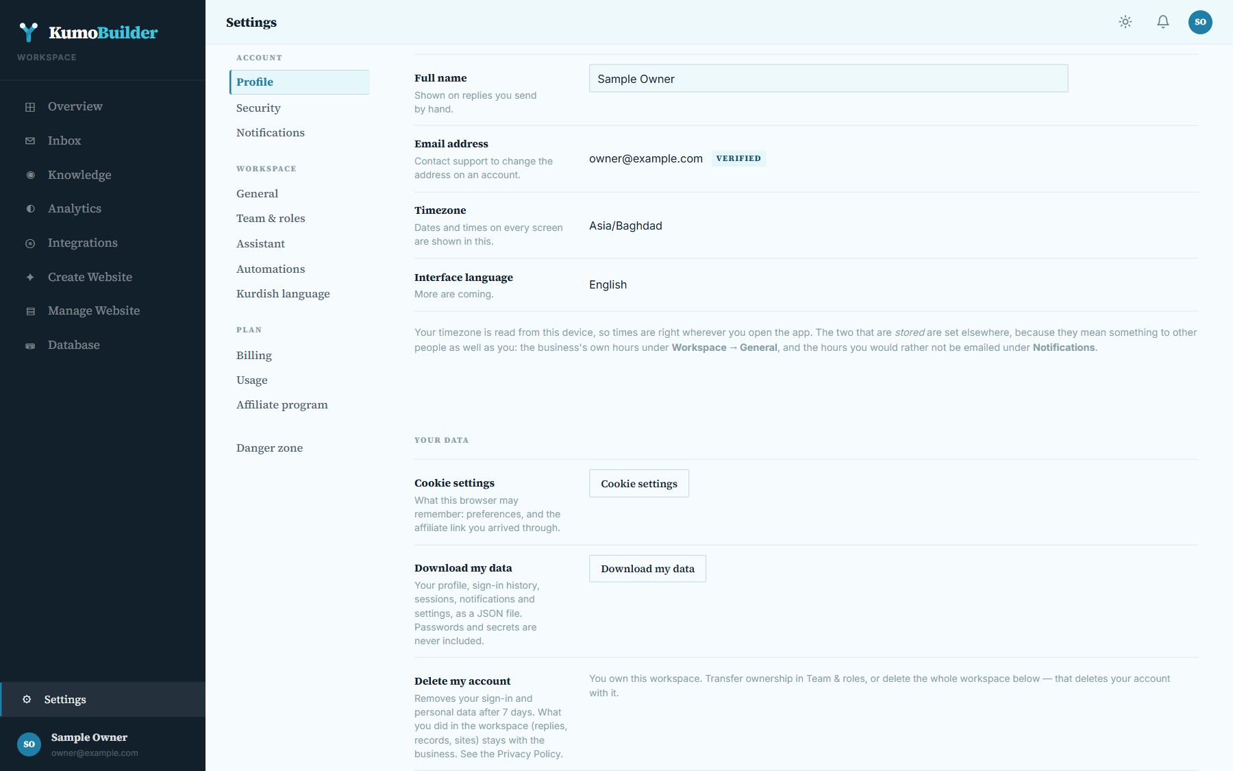 Settings, Profile, Your data: cookie settings, download and delete