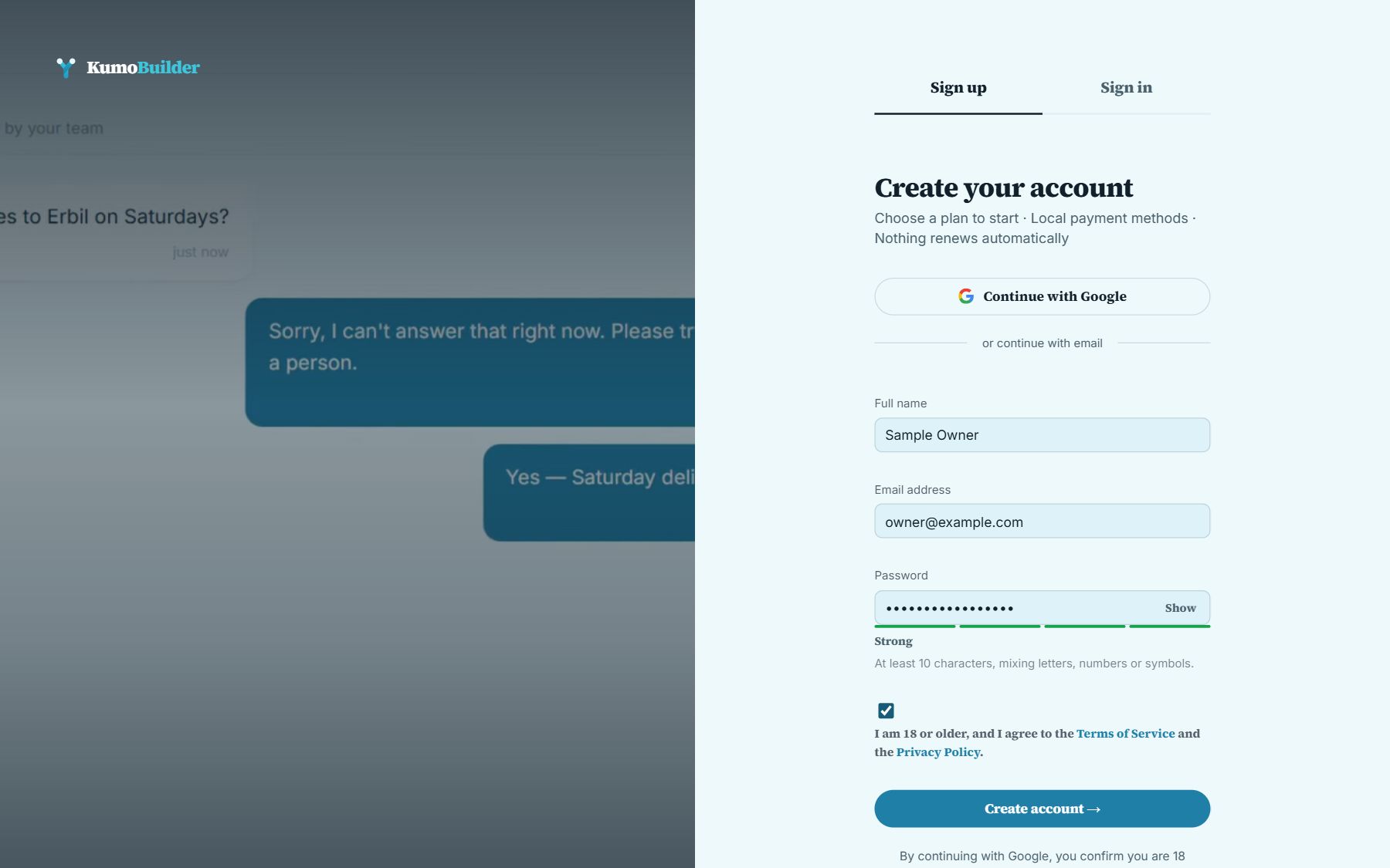 The sign-up form with name, email, password and the agreement checkbox