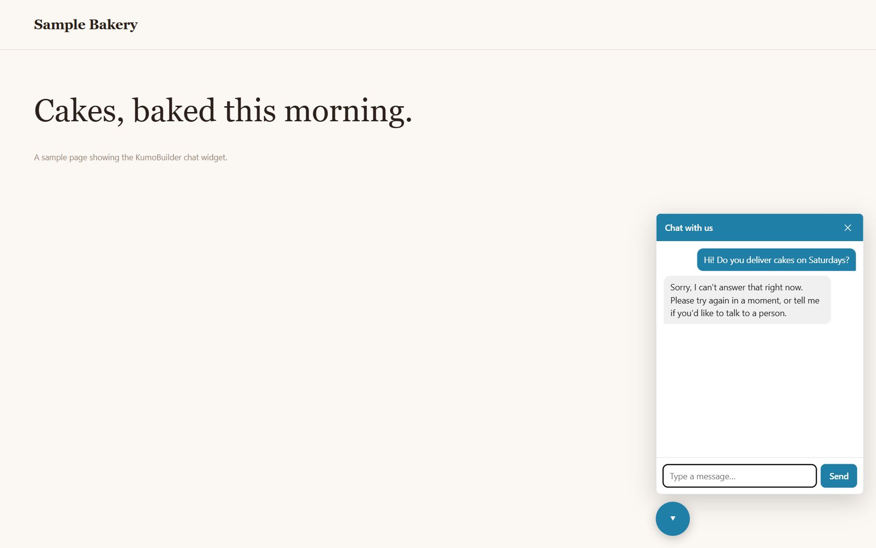 The chat widget open on a sample bakery website with a visitor’s question